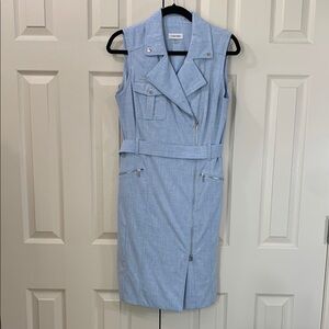 Calvin Klein Blue Sheath Midi Dress with Notched Collar
